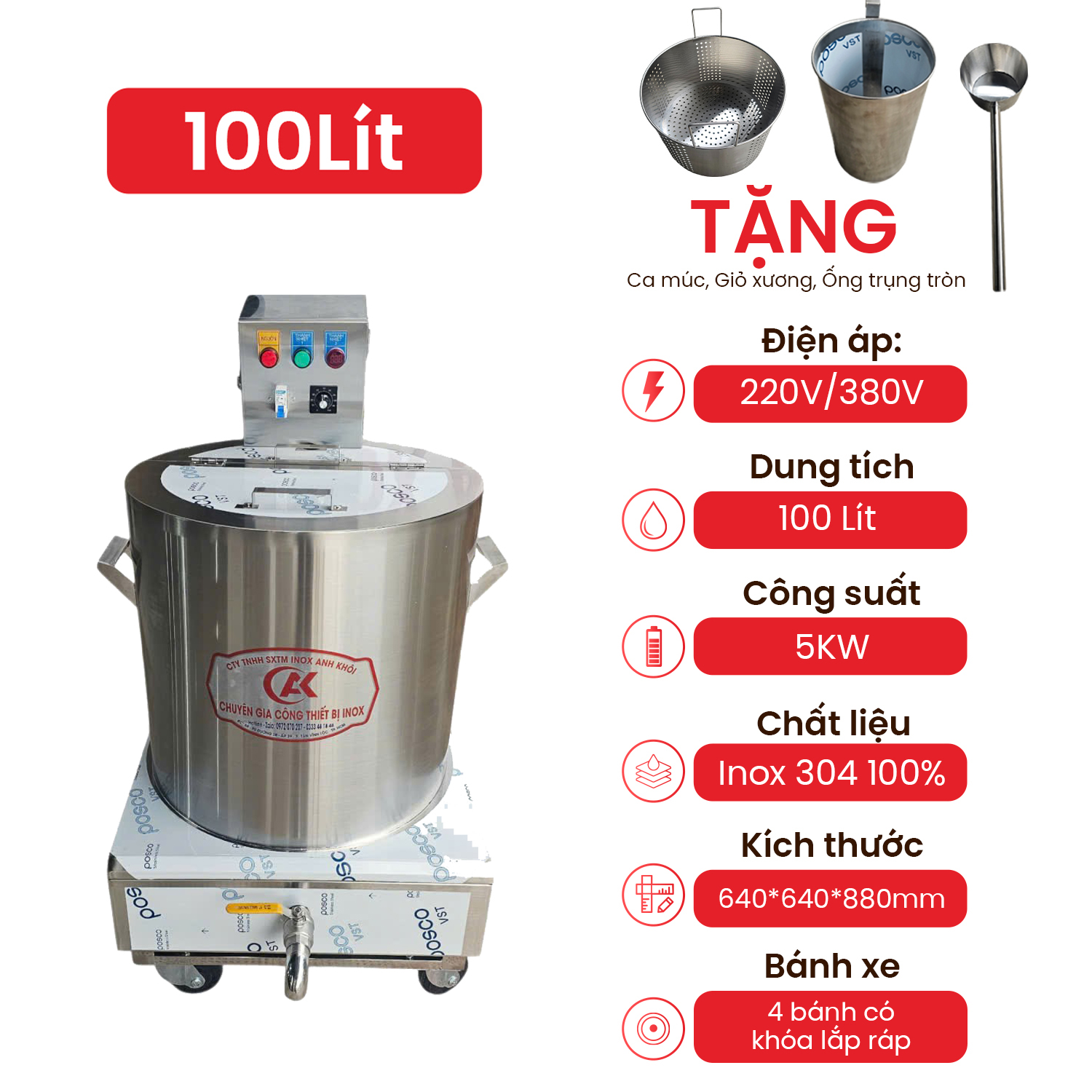 Thông Số Kỹ Thuật Nồi Nấu Phở Điện Di Động 100L